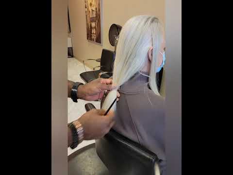 Lob Haircut and Keratin on Silver Hair at Vasuda Salon by Emmett Henley Seattle