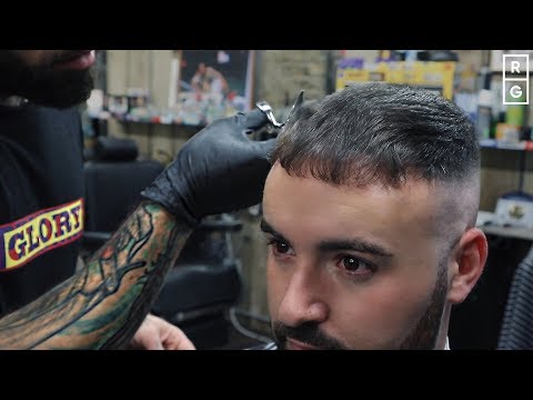 Caesar Cut Crop Haircut With High Skin Fade &amp; Short Beard Trim