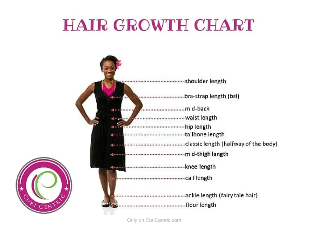 Photo of hair growth chart from the Curl Centric site featuring a cute black girl with a curly mane down to her shoulders when it’s not pinned into an updo.