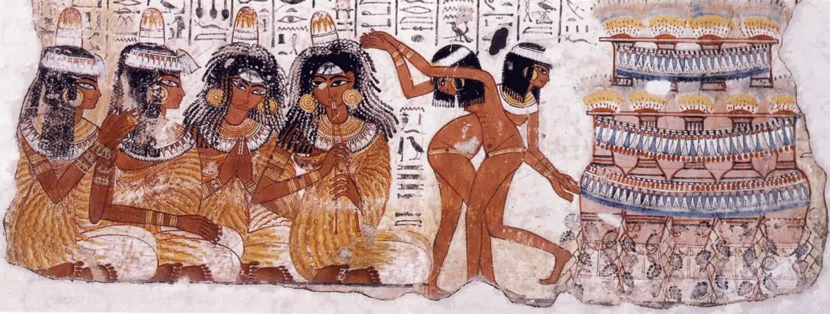 Egypt, Dynasty XVIII depicting dancers and musicians wearing elaborate wigs