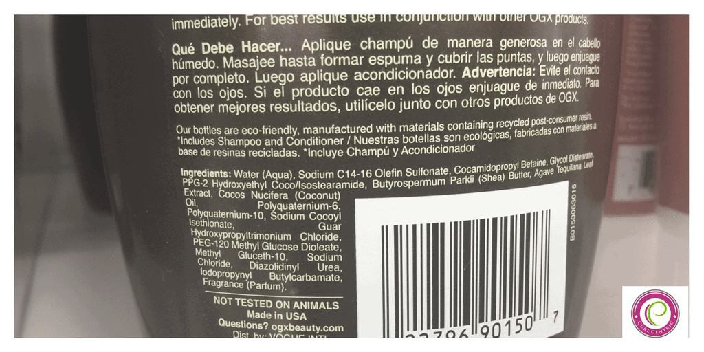 Hair product label ingredients from a popular haircare line