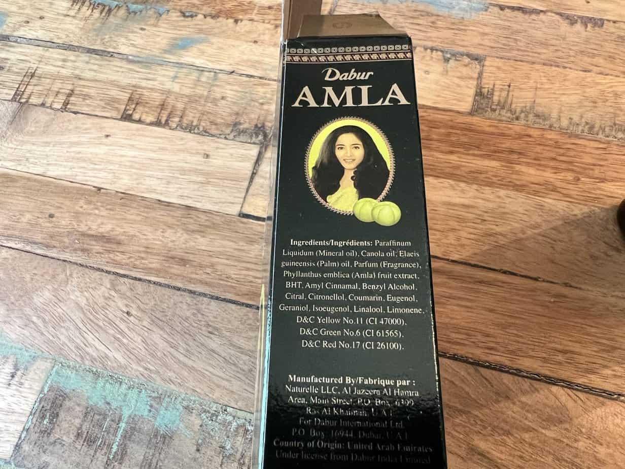 How to Use Amla Oil for Hair Growth: DIY Guide for Beginners 10 Ingredients: Paraffinum Liquidum (Mineral oil), Canola oil, Elaeis guineensis oil, Parfum (Fragrance), Phyllanthus emblica (Amla) fruit extract, BHT, Amyl cinnamal, Benzyl Alcohol, Citral, Citronellol, Coumarin, Eugenol, Geraniol, Isoeugenol, Linalool, Limonene, D&C Yellow No. 11 (CI 47000), D&C Green No. 6 (CI 61565), D&C Red No. 17 (CI 26100).