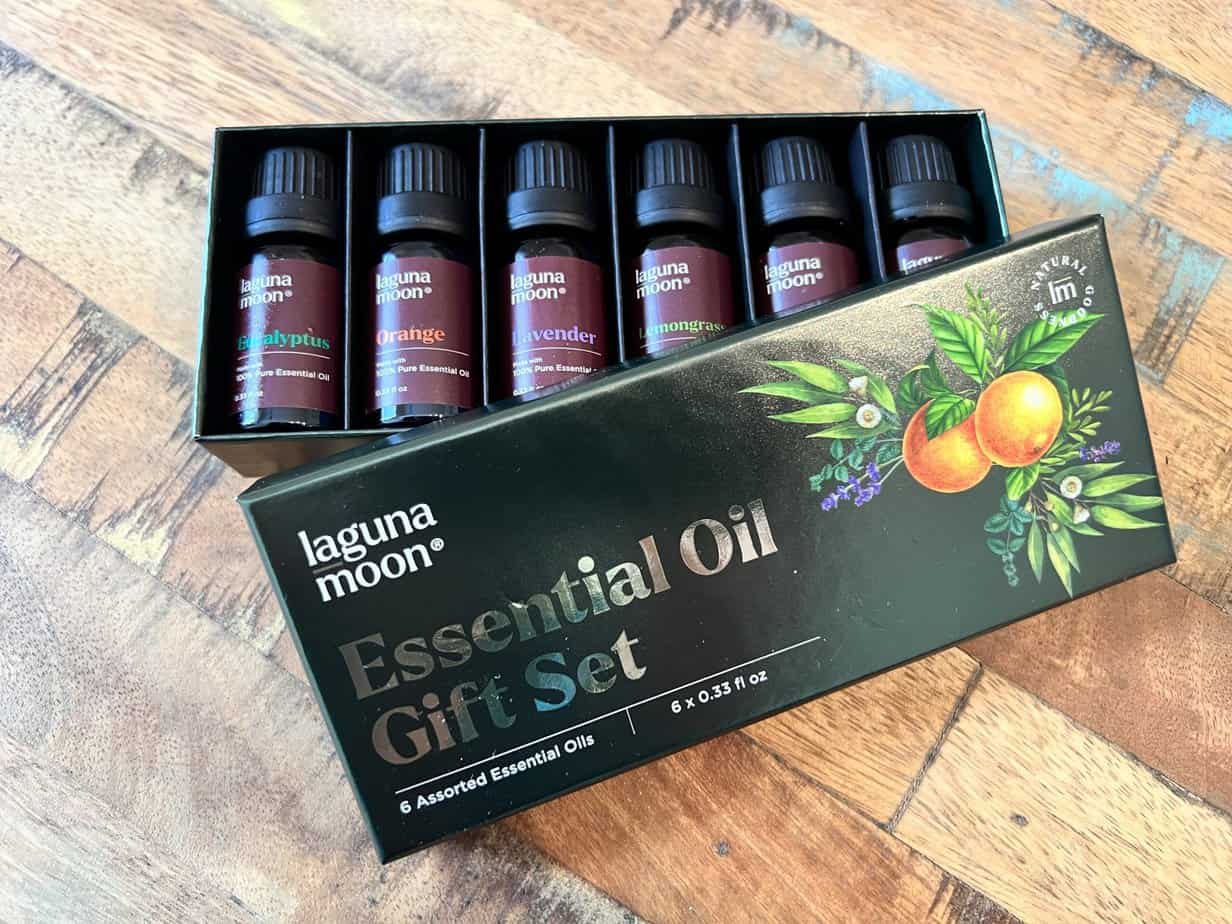 An open box of 6 assorted essential oils from Natural Goodness - laguna moon®.