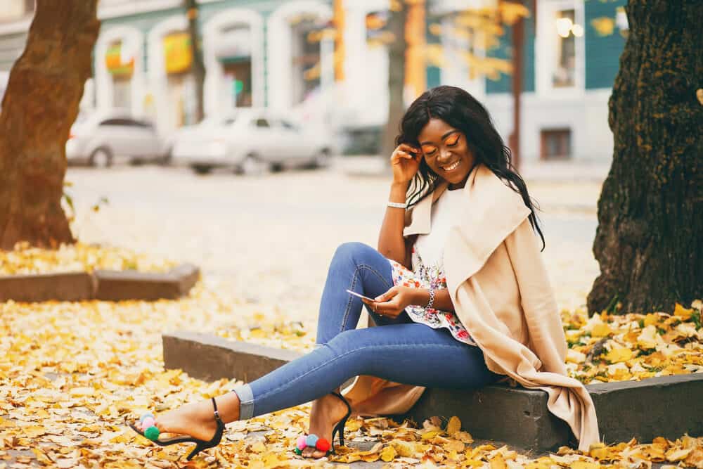 Pretty lady wearing makeup and casual clothes a fall day