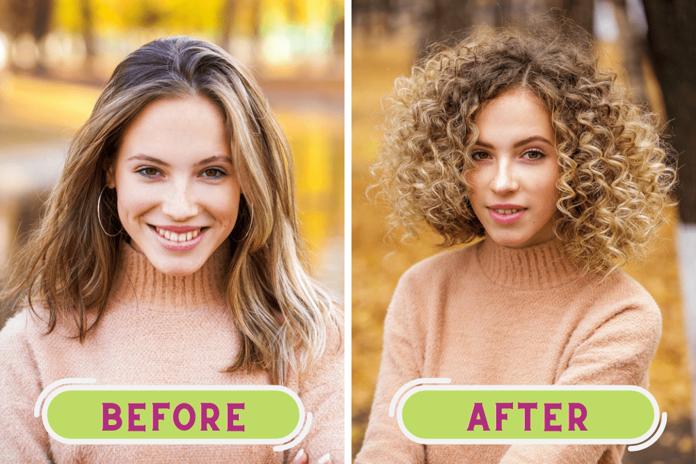 Before and after photo of white girl with straight hair getting a wavy perm. 