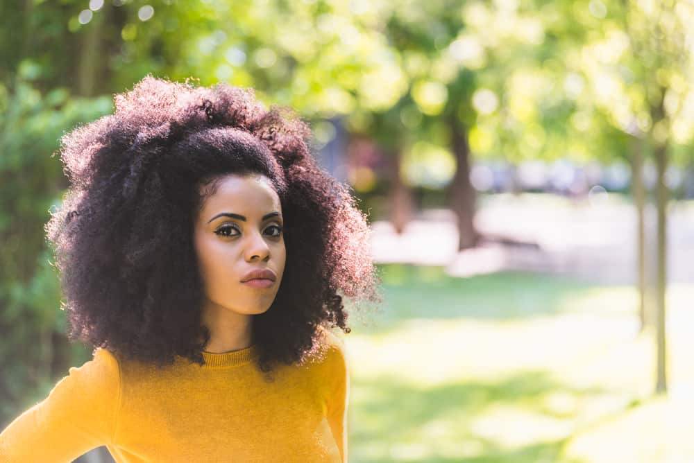 Beautiful black female with kinky, coily hair strands wearing a big afro hairstyle