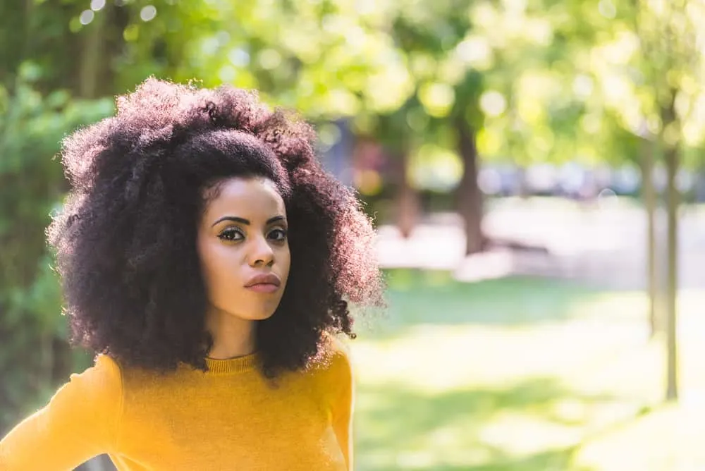 How To Get Coconut Oil Out of Hair: 13 Step-by-Step Methods 5 Beautiful black female with kinky, coily hair strands wearing a big afro hairstyle