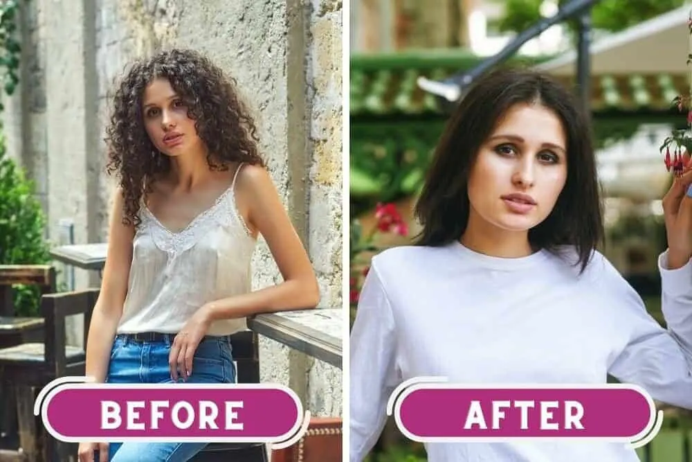 Can a White Person Use a Hair Relaxer? What Happens? What Does It Do? 3 Before and after photo of a white girl with naturally curly hair after getting relaxed hair