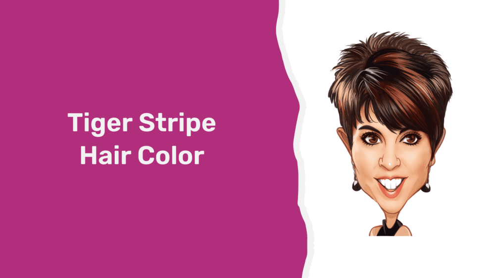 Caucasian female wearing short hair with a tiger stripe hair color created at a hair salon.