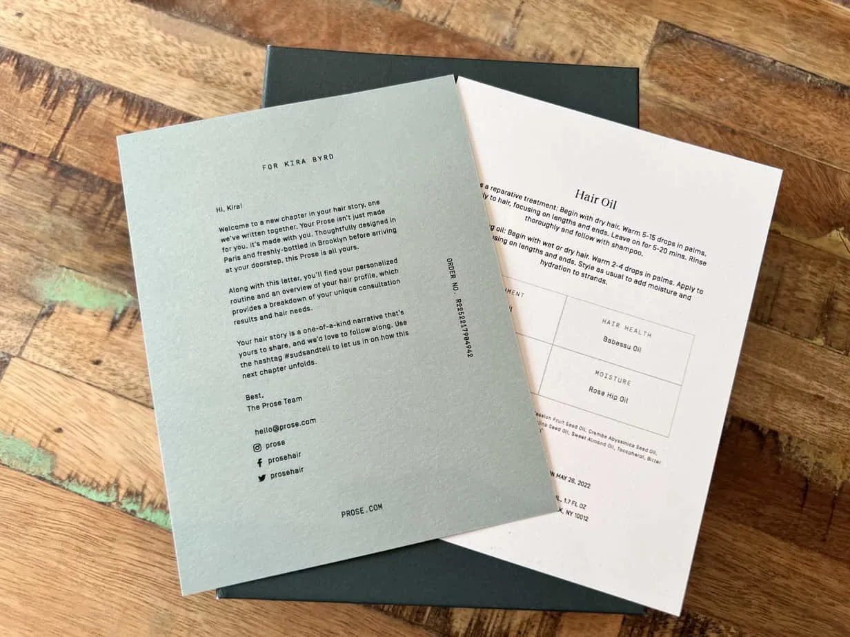Does Prose Work for Curly Hair? Is It Curly Girl Approved? 8 A personalized welcome letter for Kira regarding her new Prose products for thick hair.