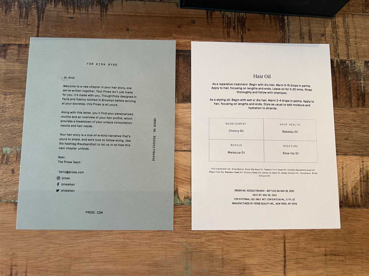 An instruction sheet showing how to use the hair oil as a reparative treatment or a styling oil.