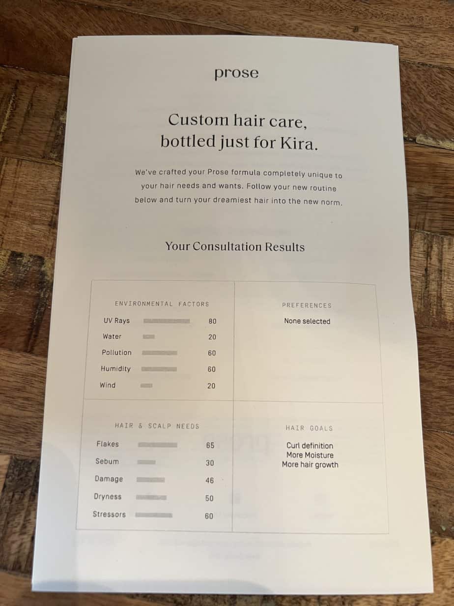 List showing Kira's custom consultation results for the shampoo hair mask, conditioner, oil, and cream.