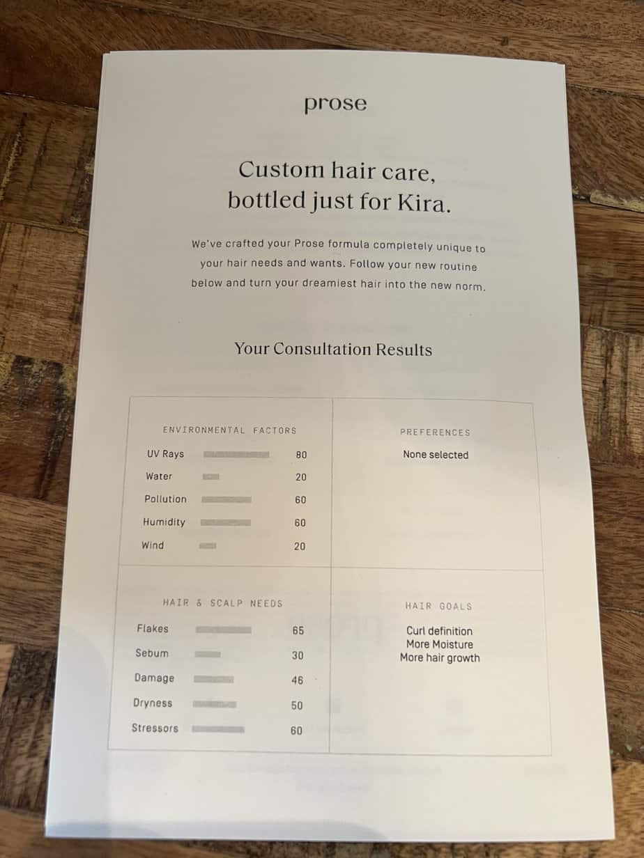 List showing Kira's custom consultation results for the shampoo hair mask, conditioner, oil, and cream.
