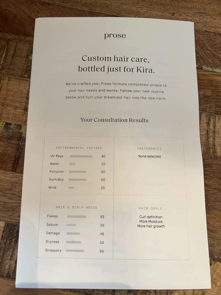 Prose Hair Care Review: Does Prose Work? Is It Legit? Worth It? 9 List showing Kira's custom consultation results for the shampoo hair mask, conditioner, oil, and cream.