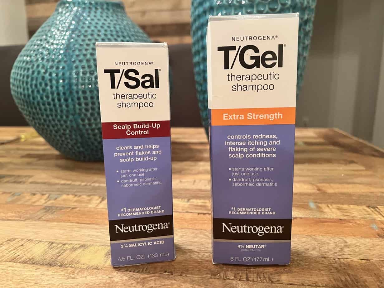 Product boxes comparing tgel vs. tsal to treat chronic scalp psoriasis and other severe scalp conditions.