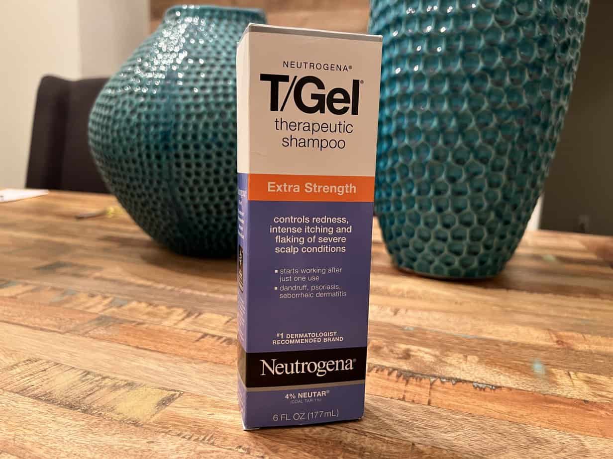 Close-up of T/Gel shampoo - a dandruff treatment shampoo - which also helps protect against mild psoriasis.
