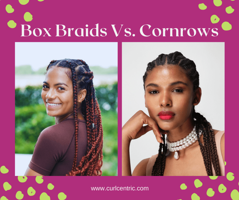 Lady with box braids and synthetic hair compared to a lady with regular cornrows - both with a protective style.