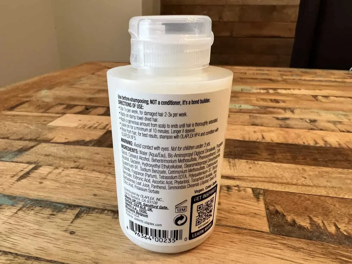 Back of the Olaplex Hair Perfector Nº.3 bottle showing the ingredients.
