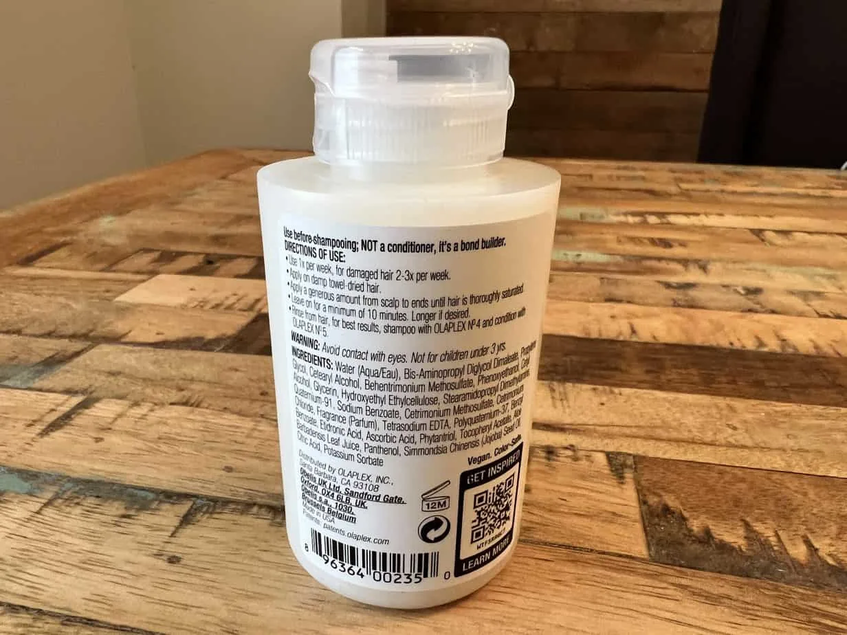 How To Use Olaplex 3 Treatment at Home for Best Results 3 Back of the Olaplex Hair Perfector Nº.3 bottle showing the ingredients.