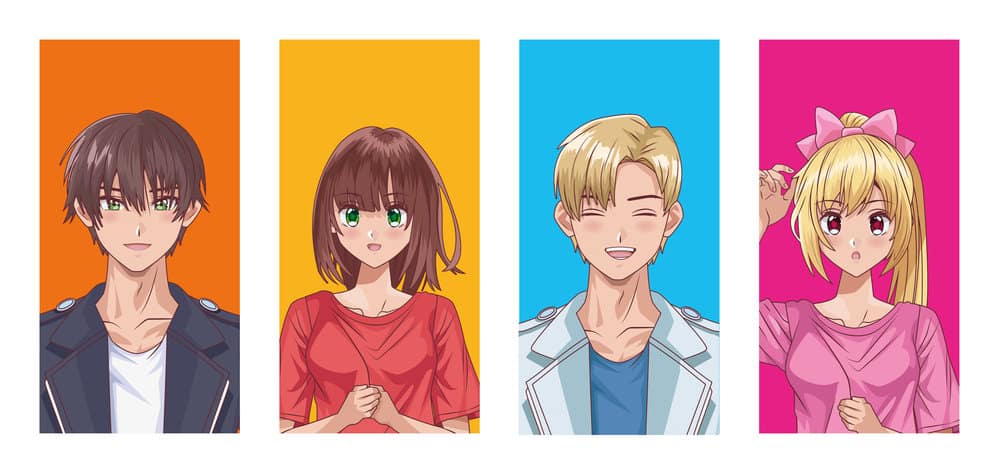 The collage includes two hentai-style male characters with dark brown curls and other characters with long blond hair. 