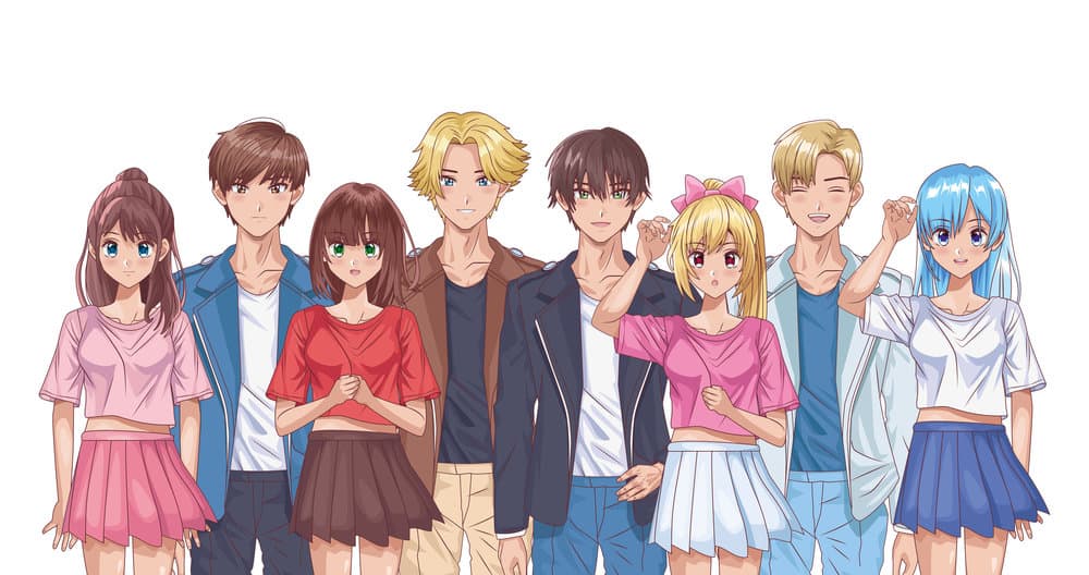 A group of young Hentai-style characters wearing casual clothes.