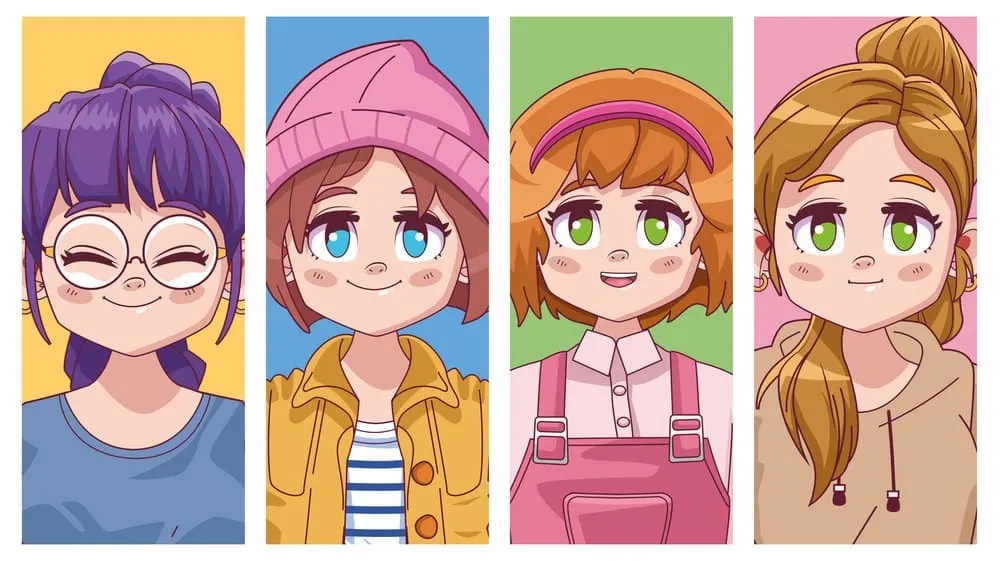 13 Popular Male and Female Anime Characters with Curly Hair 1 Four cute Anime girls from manga and video games with curly hairstyles, permed hair, and other distinctive hair.