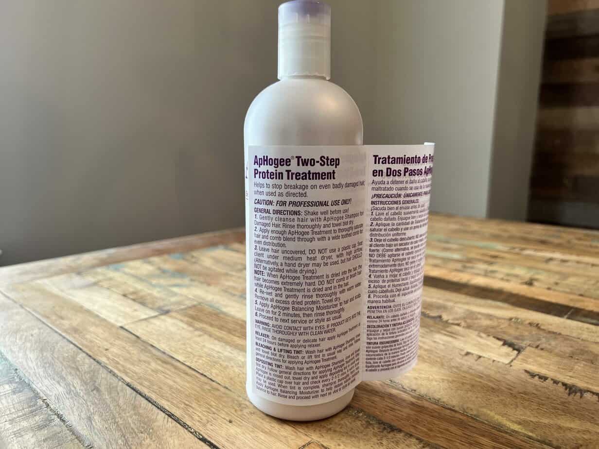General Directions: 1. Gently cleanse hair with ApHogee Shampoo for Damage Hair. Rinse thoroughly and towel blot dry. 2. Apply enough ApHogee Treatment to thoroughly saturate hair and comb blend through with a wide-toothed comb for even distribution. 3. Leave hair uncovered, DO NOT use a plastic cap. Sit under a medium heat dryer with high airflow. (Alternatively, a hand dryer may be used, but hair SHOULD NOT be agitated while drying. NOTE:  When ApHogee Treatment is dried into the hair, the hair becomes extremely hard. DO NOT comb or brush hair while ApHogee Treatment is dried and in the hair. 4. Re-wet and gently rinse thoroughly with warm water. 5. Apply ApHogee Balancing Moisturizer to hair and scalp. Leave on for 2 minutes, then rinse thoroughly. 6. Proceed to the next service or style as usual.