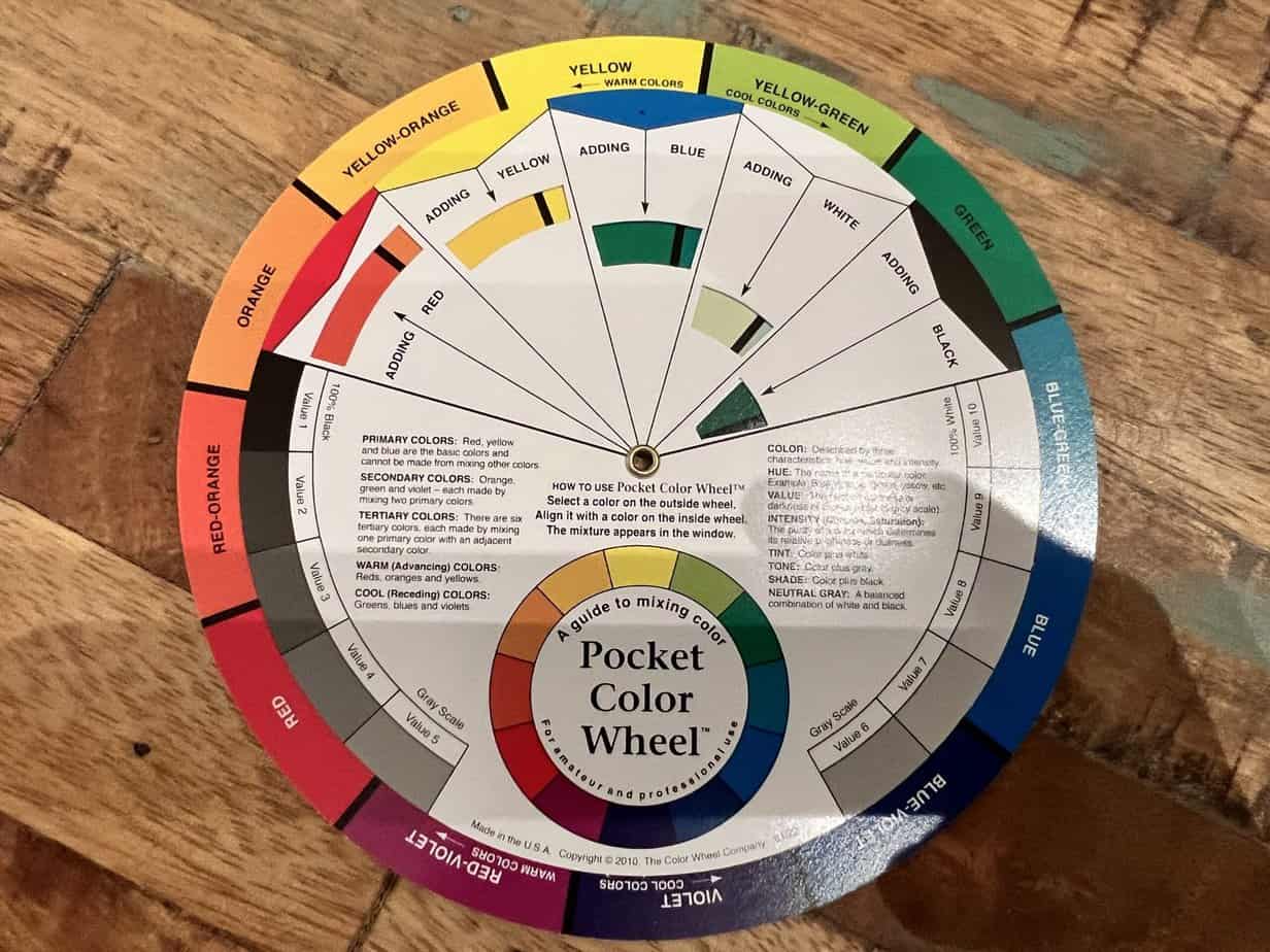 The pocket hair color wheel shows that yellow or orange toner cancels out purple hair.