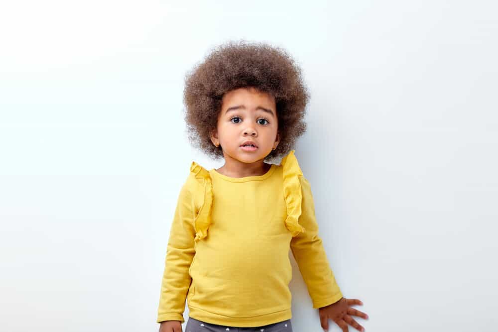 A delightful African American toddler with longer hair than most kids her age wearing a wash-n-go hairstyle.