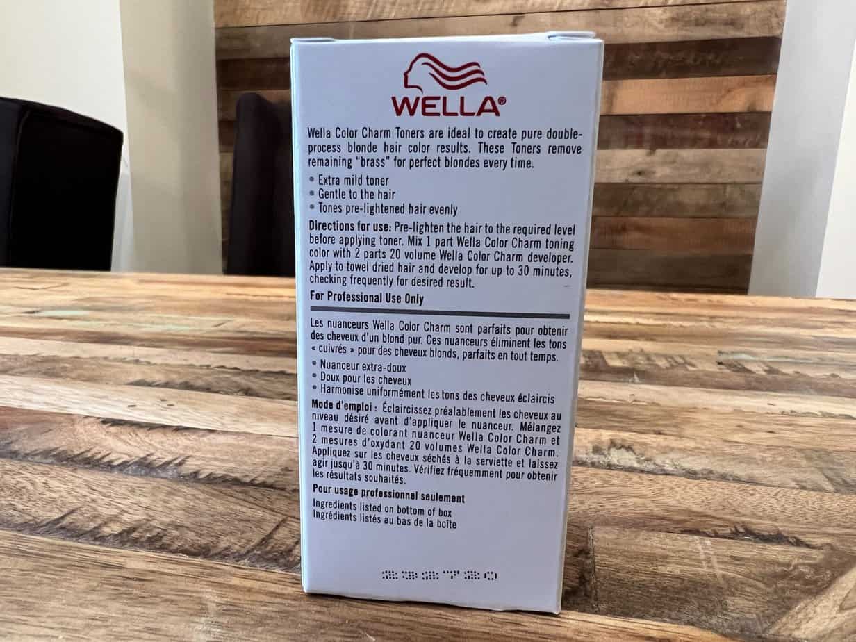 Directions for Use: Pre-lighten the hair to the required level before applying toner. Mix 1 part Wella Color Charm toning color with 2 parts 20-volume Wella Color Charm developer. Apply to towel-dried hair and develop for up to 30 minutes, checking frequently for the desired result.