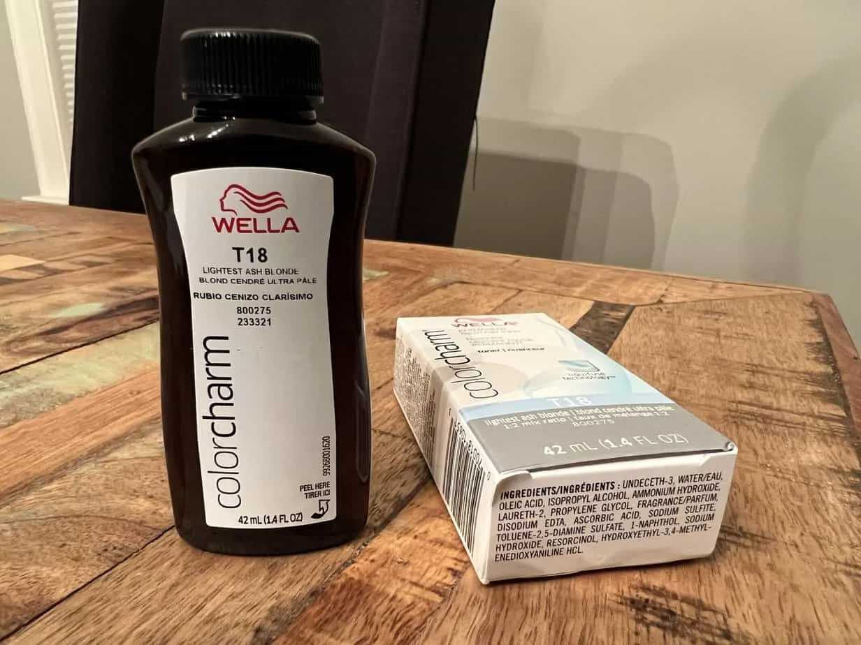 How Long Should I Leave Wella T18 Toner in My Hair? 4 Photo showing the box and bottle of Wella T18 Lightest Ash Blonde Color Charm Toner.