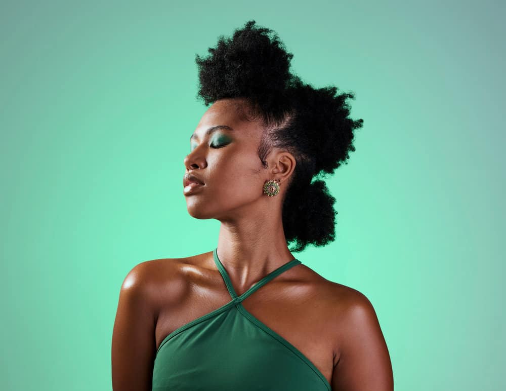 A black girl wearing her natural curls in a simple style that is made up of three mini-twists covering her entire head.