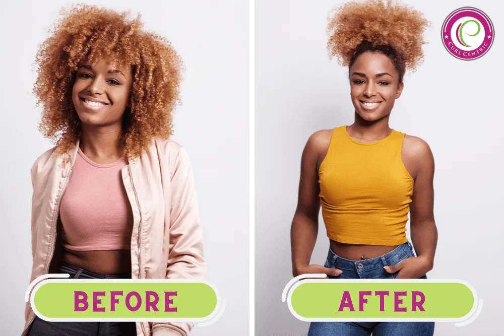African American female showing a before and after photo of her pineapple hairstyle.