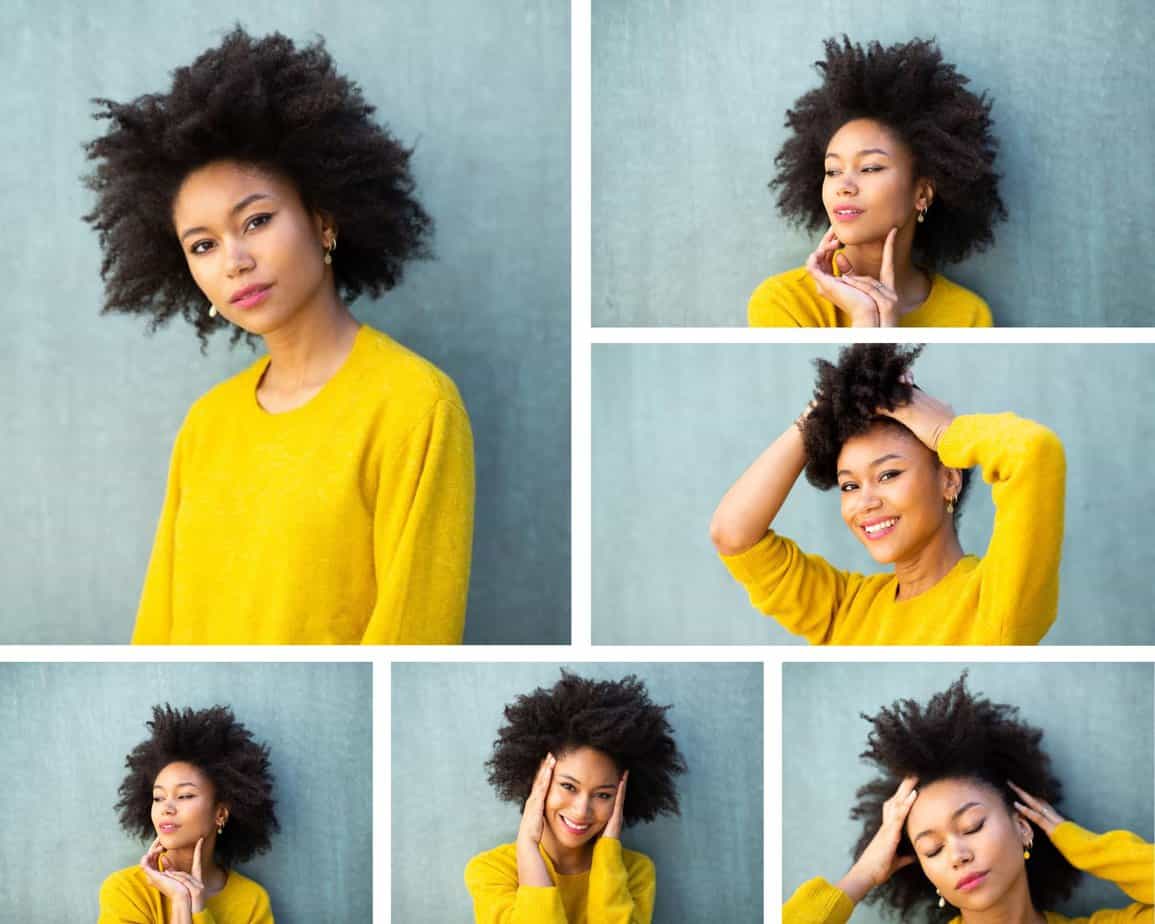 A collage of photos showing a black lady with a tightly defined curl pattern with a zigzag pattern.
