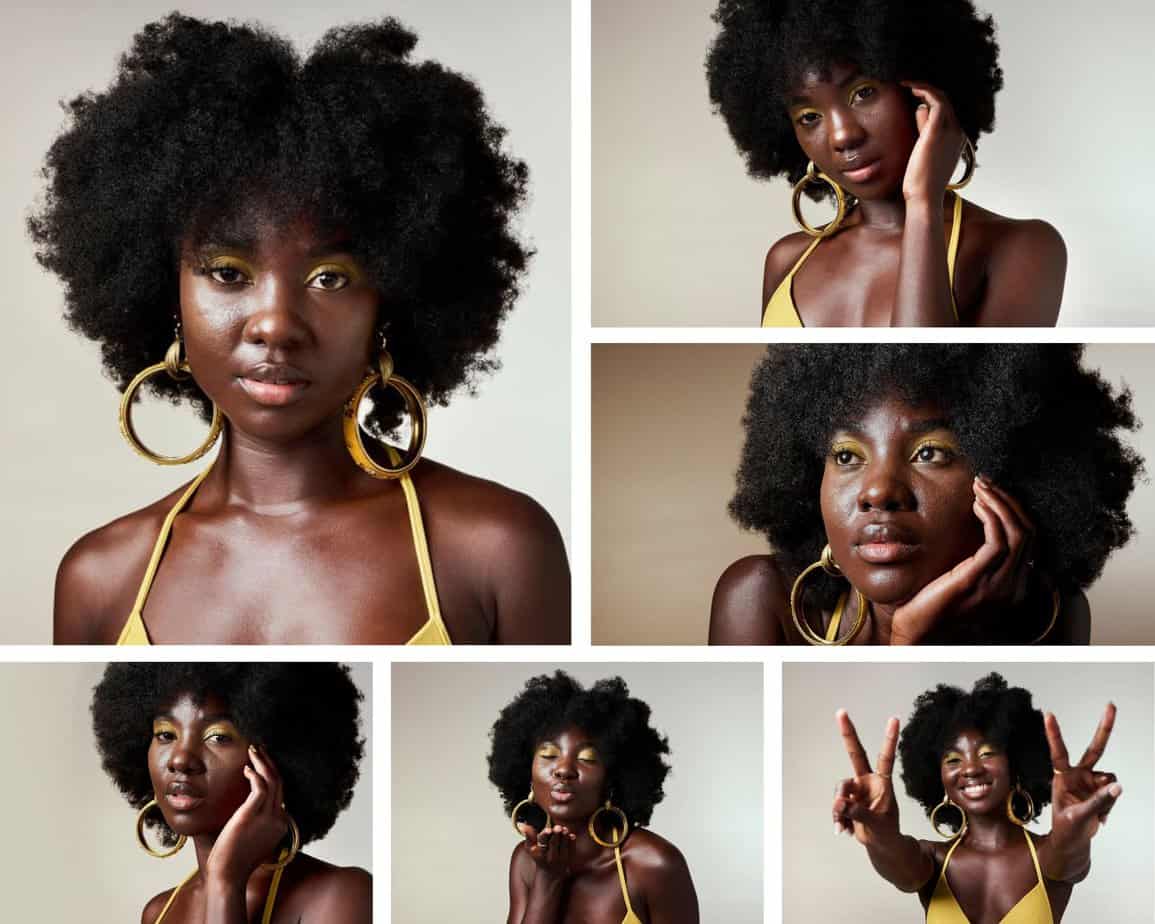 A beautiful black girl with tight curls has afro-shaped strands styled with coconut oil.