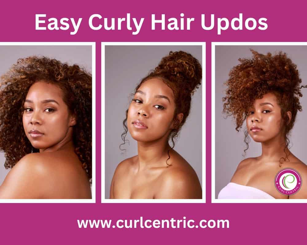 A beautiful black lady wearing cute curly hair updos on freshly washed hair strands highlighting soft curls, a curly bun, and a pineapple updo.