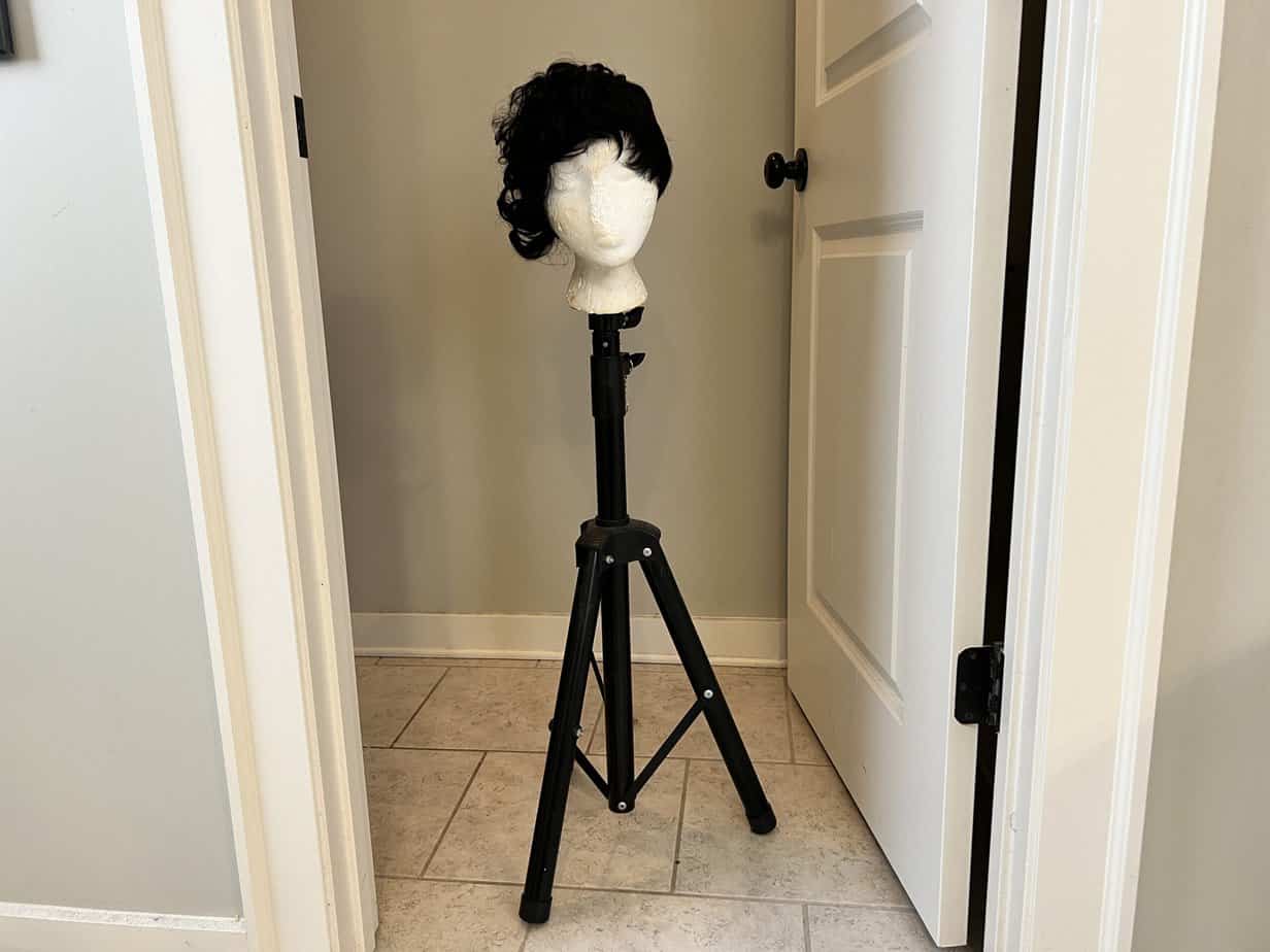 Here's another common setup that we use where the A1 Pacific female Styrofoam mannequin head still sits on a Hotkis human hair pixie cut wig while the foam head sits on a Klvied reinforced wig stand tripod.