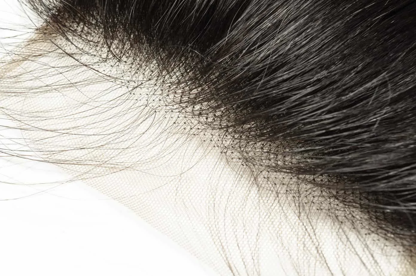 Close-up showing synthetic hair lace. Human hair counterparts look similar but have higher durability.
