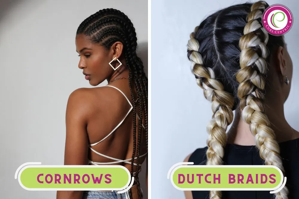 Dutch Braids vs. Cornrows Braids: What’s the Difference? 5 Graphic comparing cornrows to regular Dutch braids on straight hair. Both ladies have middle-back hair lengths and different hair types.