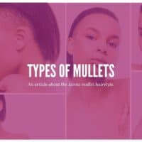 Custom graphic for article about mullet haircuts, including the curly mullet, faux hawk mullet, short mullet, and several other mullet haircuts for men and women.