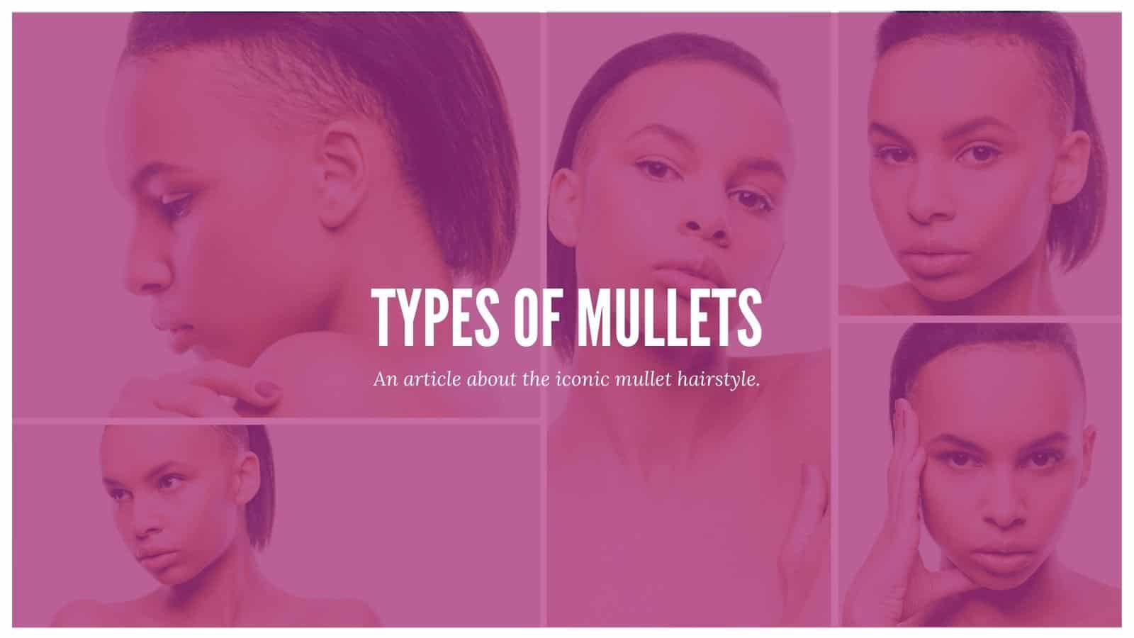 Custom graphic for article about mullet haircuts, including the curly mullet, faux hawk mullet, short mullet, and several other mullet haircuts for men and women.