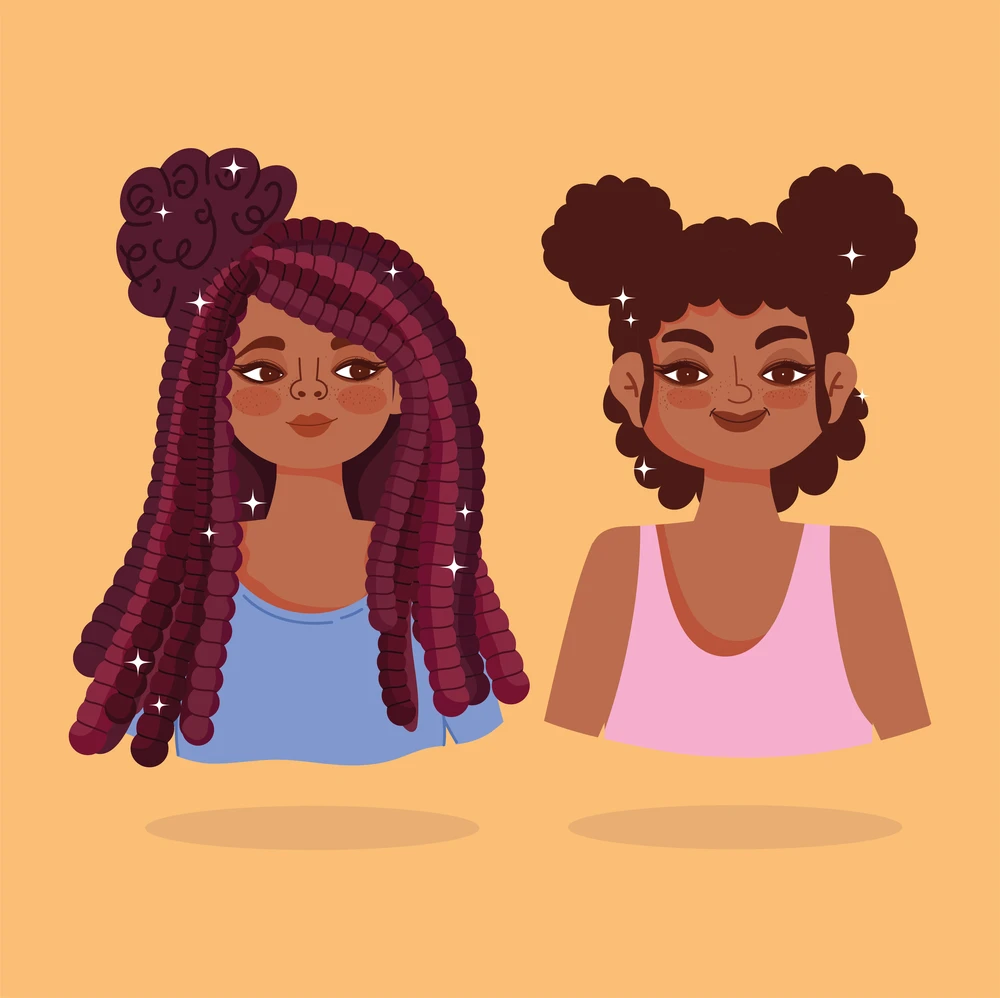 The braided red curly hair and brown curly hair of these two ladies add a touch of vibrancy and energy to these charming cartoon characters.