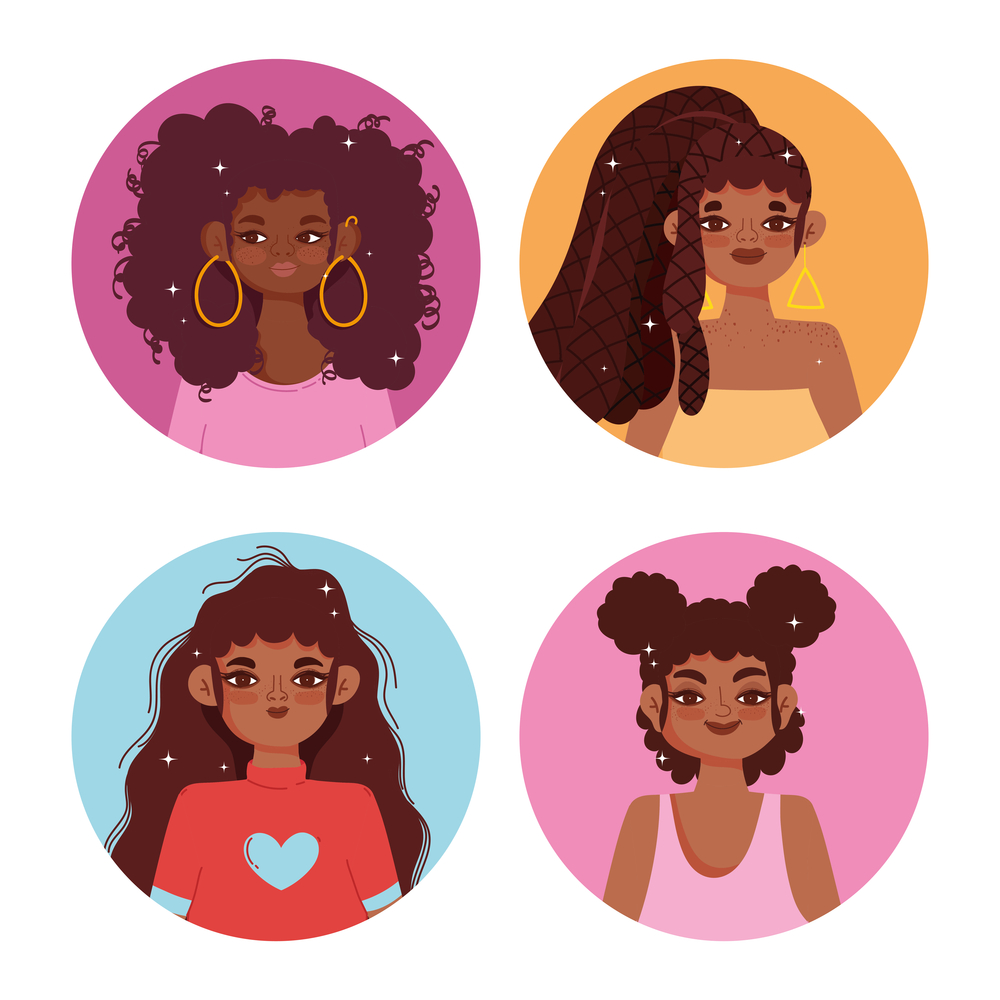 Different African American curly haired girls with a dusky skin tone attend the lively Lucky Junior School, their hairstyles reflecting their energetic spirits.