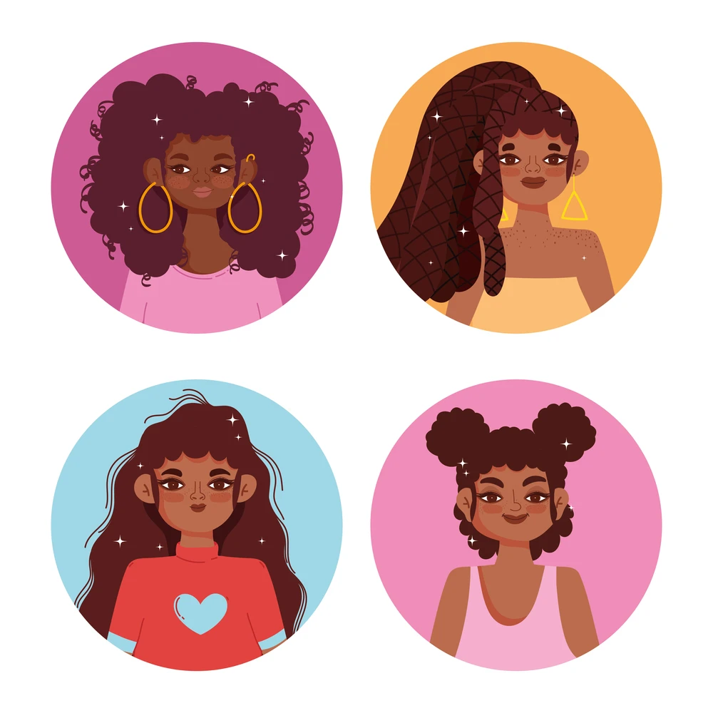 List of Popular Male and Female Characters with Curly Hair 26 Different African American curly haired girls with a dusky skin tone attend the lively Lucky Junior School, their hairstyles reflecting their energetic spirits.