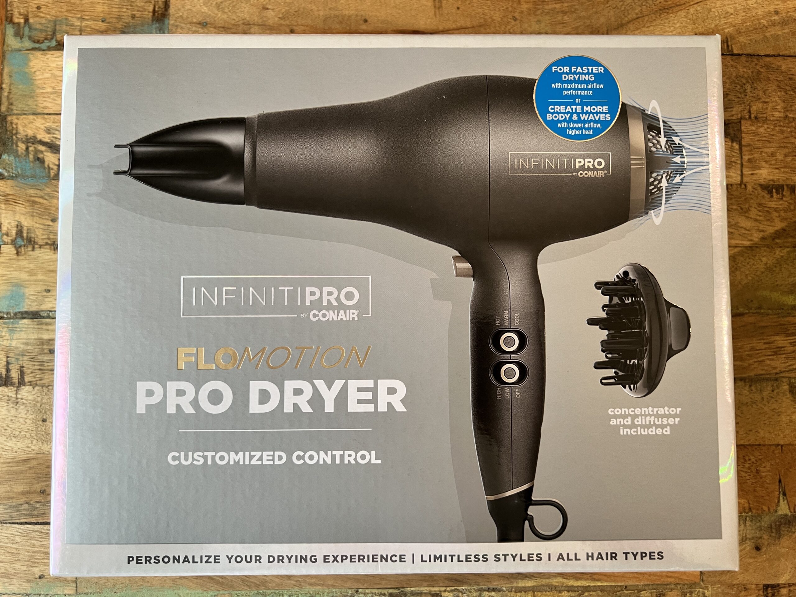 InfinitiPro Flomotion Pro Dryer is great for faster drying with maximum airflow performance. The dryer works on all hair types and includes a concentrator and diffuser.
