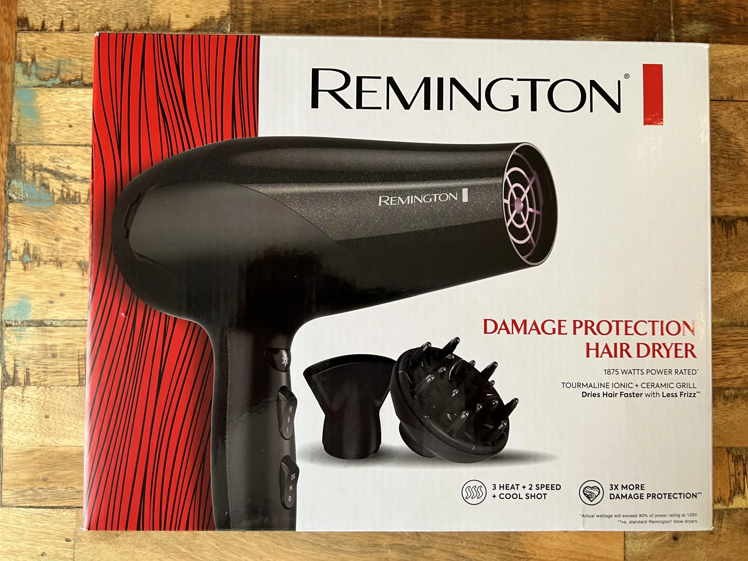 Remington tourmaline ionic damage protection hair dryer with a ceramic grill has a 1875 watts power-rated motor with three heat settings, two-speed settings, and a cool shot button.