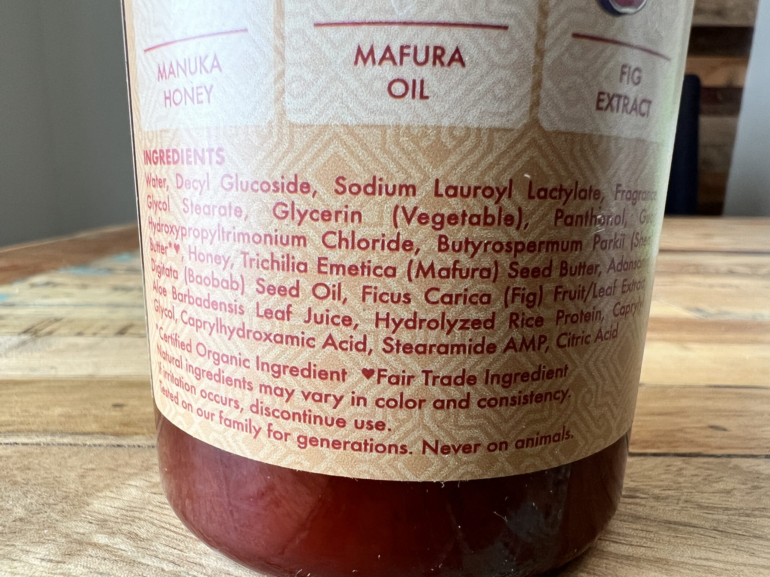 Ingredients: Water, Decyl Glucoside, Sodium Lauroyl Lactylate, Fragrance, Glycol Stearate, Glycerin (Vegetable), Panthenol, Guar Hydroxypropyltrimonium Chloride, Butyrospermum Parkii (Shea) Butter* Water, Decyl Glucoside, Sodium Lauroyl Lactylate, Fragrance, Glycol Stearate, Glycerin (Vegetable), Panthenol, Guar Hydroxypropyltrimonium Chloride, Butyrospermum Parkii (Shea) Butter, Honey, Trichilia emetica (Mafura) Seed Butter, Adansonia Digitata (Baobab) Seed Oil, Ficus Carica (Fig) Fruit/Leaf Extract, Aloe Barbadensis Leaf Juice, Hydrolyzed Rice Protein, Caprylyl Glycol, Caprylhydroxamic Acid, Stearamide AMP, Citric Acid