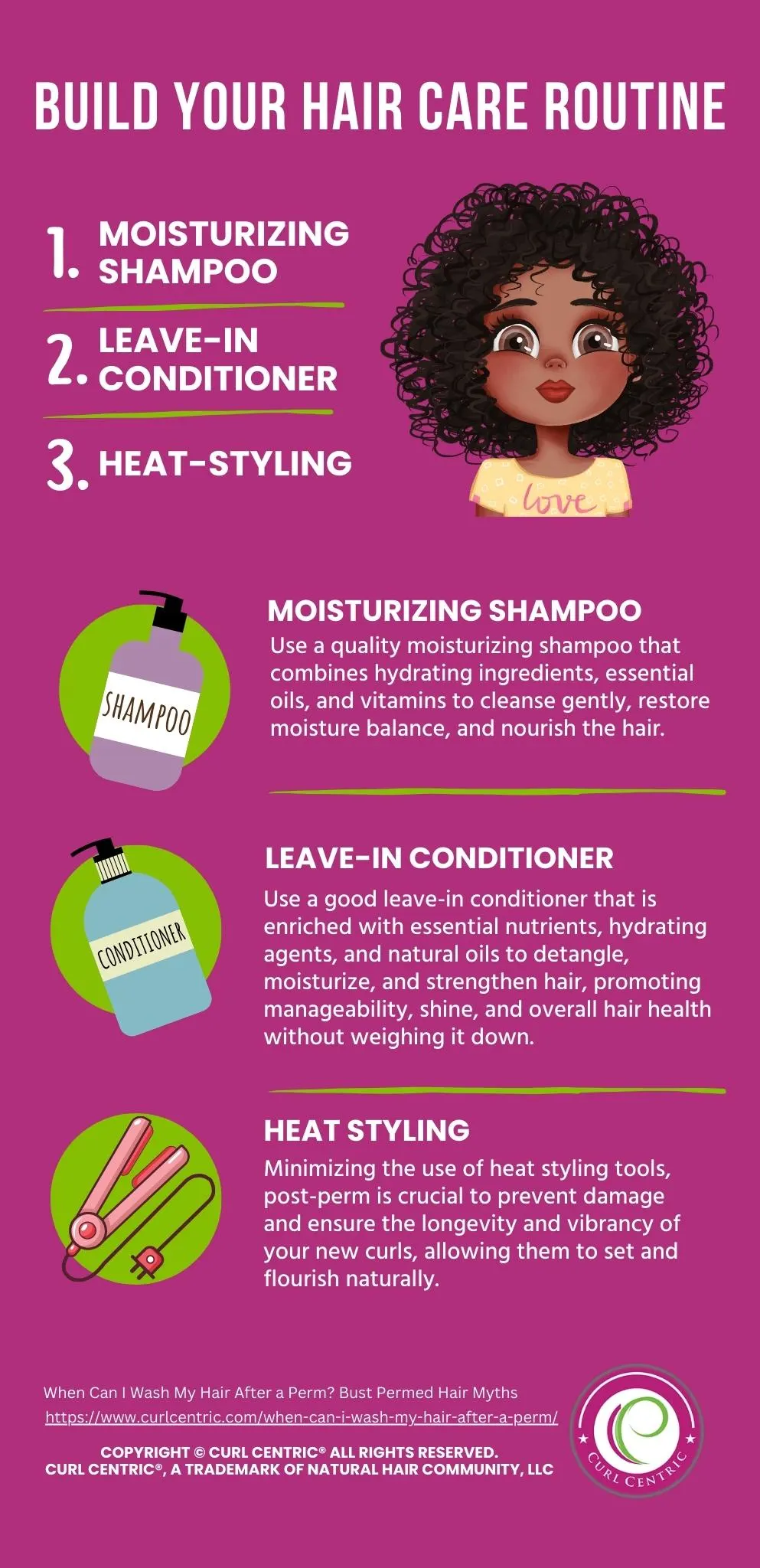Build your curly hair care routine using this step-by-step guide - moisturizing shampoo, leave-in conditioner, and heat-styling