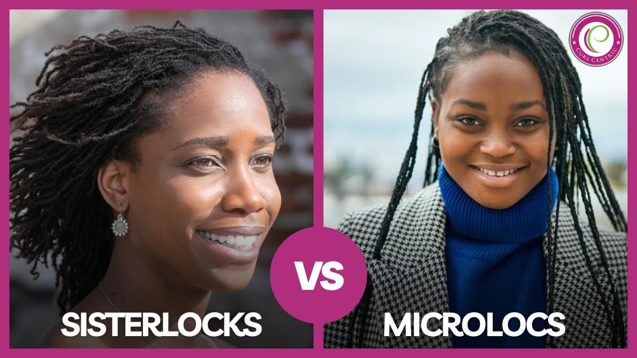 Illustrates the distinction between sisterlocks and microlocs, with sisterlocks featuring delicate, finely patterned locks, and microlocs showcasing slightly thicker, intricately coiled strands, both exemplifying the versatility of natural hair.