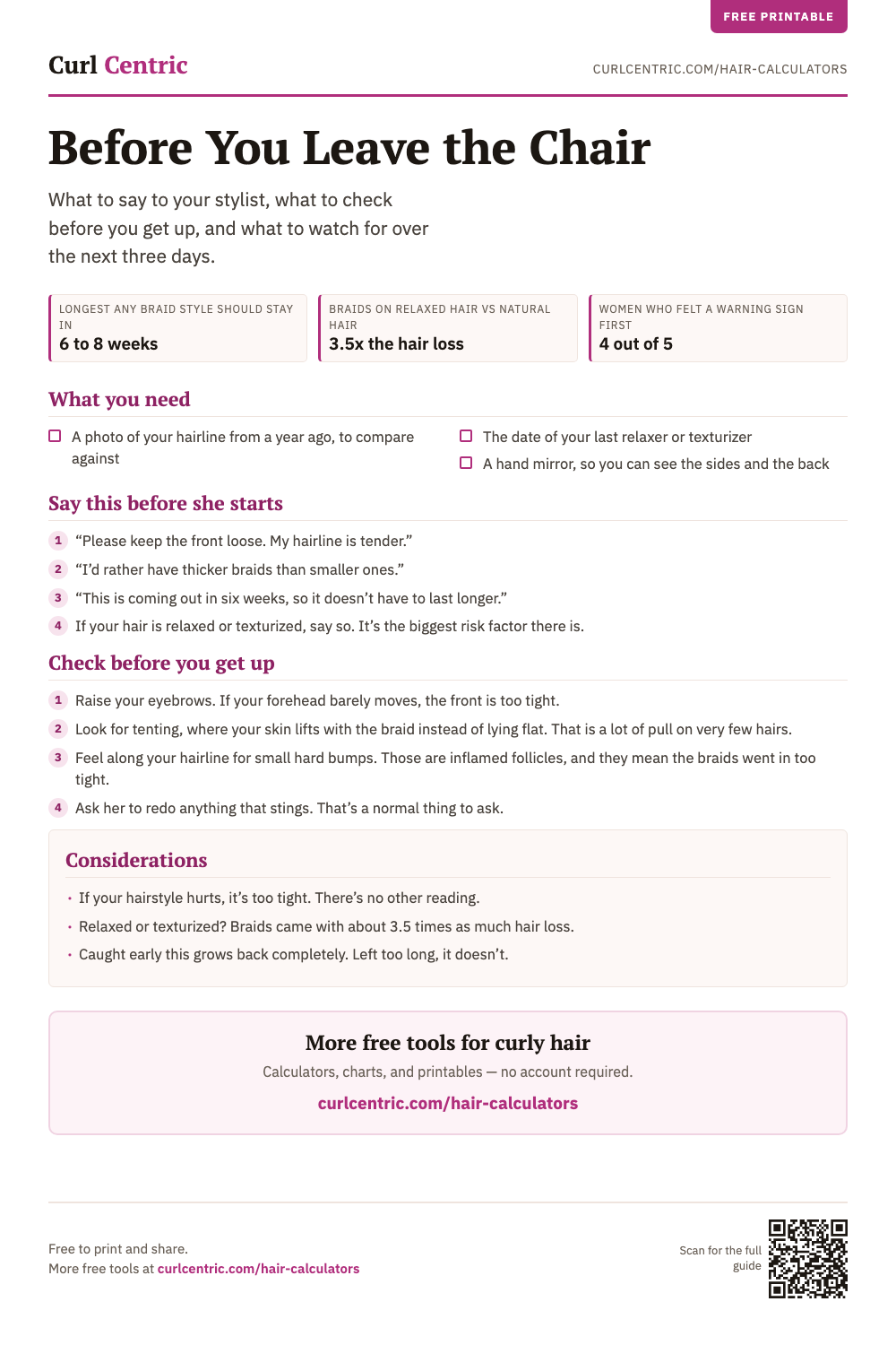 One-page printable called Before You Leave the Chair, listing what to say to your stylist and what to check before you leave your appointment.